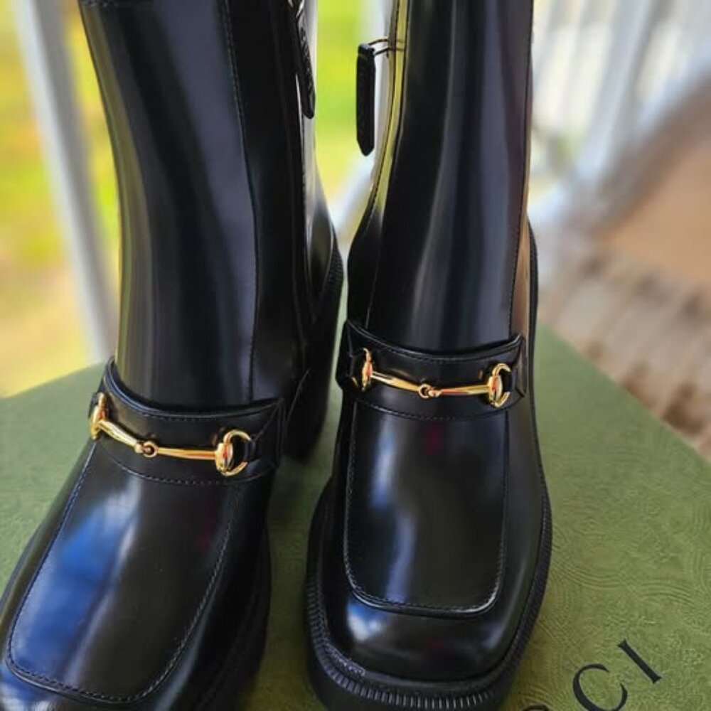 Gucci Horsebit Ankle Boots Black Leather Square Toe Lug Sole Size 36.5 / US 6.5 - Picture 7 of 14